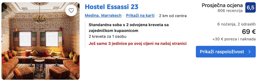 Najjeftiniji smještaj u Marrakechu preko bookinga - 69 eura - 6 noćenja za dvije osobe