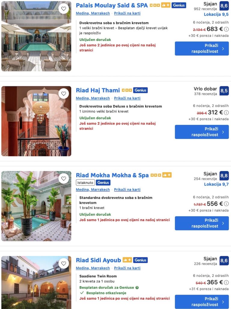 Riad - cijene smještaja u medini Marrakecha. Riad je tradicionalna kuća unutar medine, sada se koriste za turizam