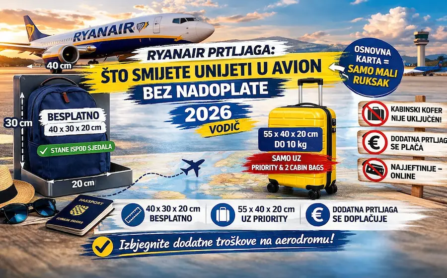 Ryanair prtljaga – što smijete unijeti u avion bez nadoplate: ruksak 40x30x20 i kabinski kofer uz priority