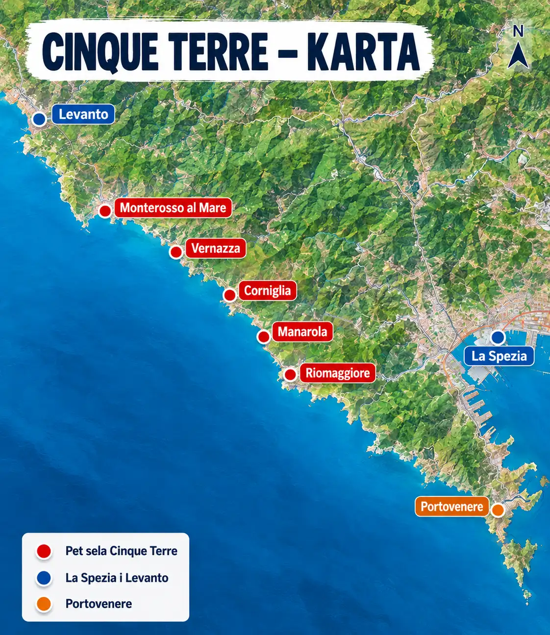 Cinque Terre – vodič za putovanje, iskustva i savjeti 14 Cinque Terre karta s položajem pet sela: Monterosso, Vernazza, Corniglia, Manarola i Riomaggiore te gradova La Spezia, Levanto i Portovenere