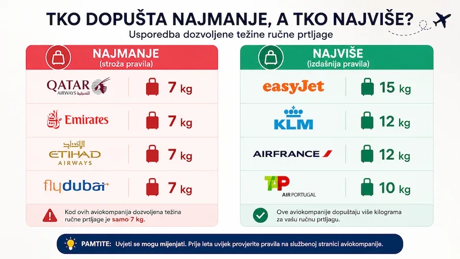 Dimenzije ručne prtljage: Usporedba pravila popularnih aviokompanija 8 Dozvoljena težina ručne prtljage