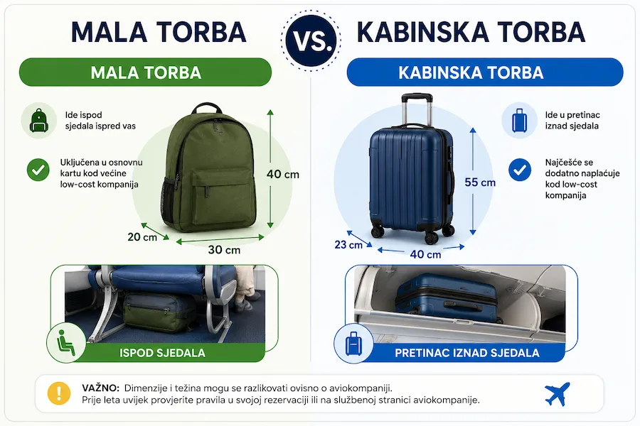 Dimenzije ručne prtljage: Usporedba pravila popularnih aviokompanija 6 mala torba i kabinska torba