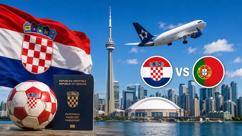 Direktni letovi Zagreb – Toronto, panorama Toronta s hrvatskom zastavom i avionom