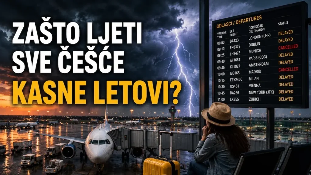 Zašto ljeti sve češće kasne letovi? Toplinski valovi i oluje stvaraju nove probleme putnicima 16 Zračna luka tijekom oluje s prikazom odgođenih i otkazanih letova – zašto ljeti sve češće dolazi do kašnjenja letova.