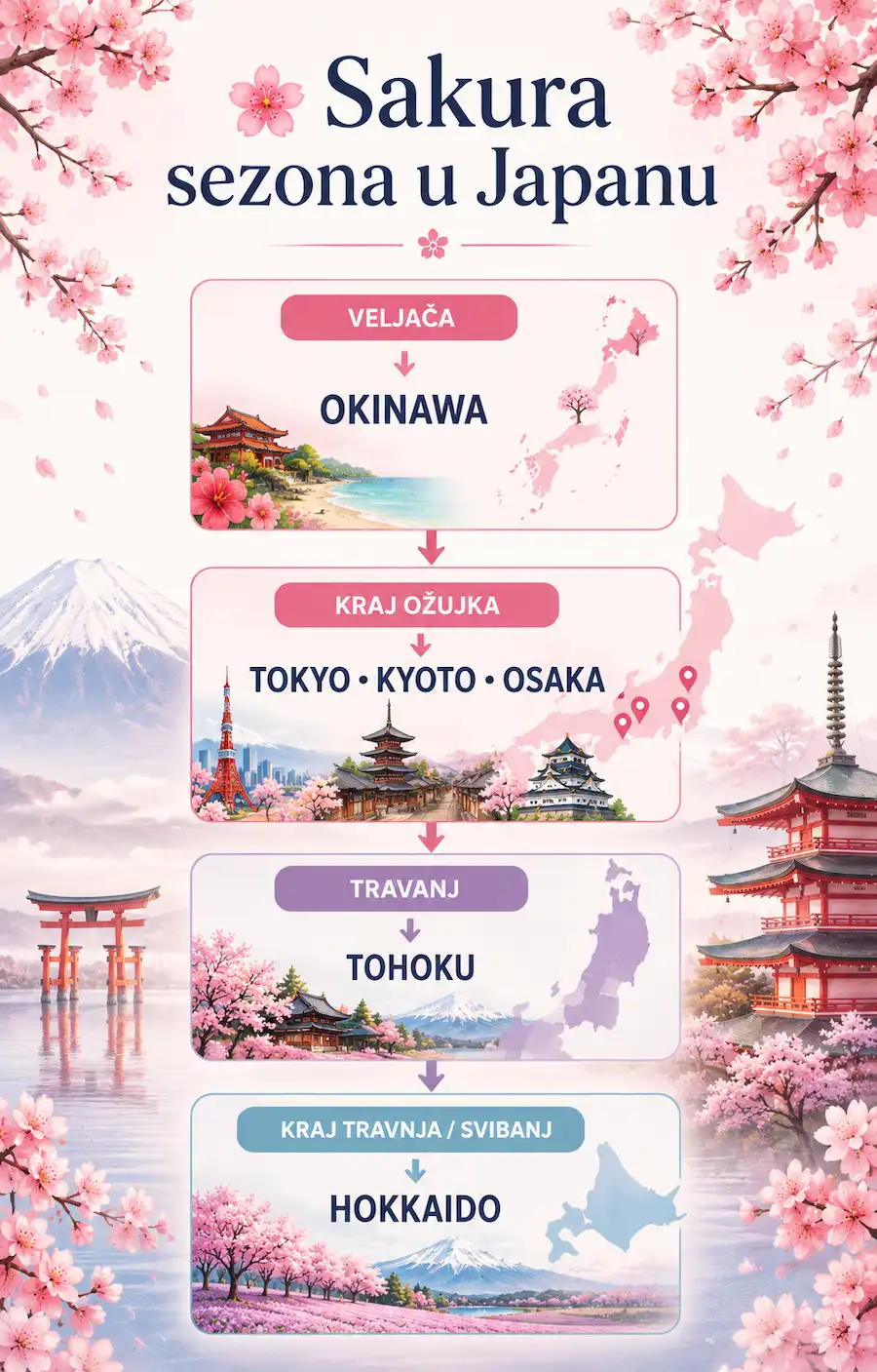 Sakura u Japanu 2027.: kada putovati i prve procjene cvjetanja trešnje 4 Kretanje sakure kroz Japan od juga prema sjeveru