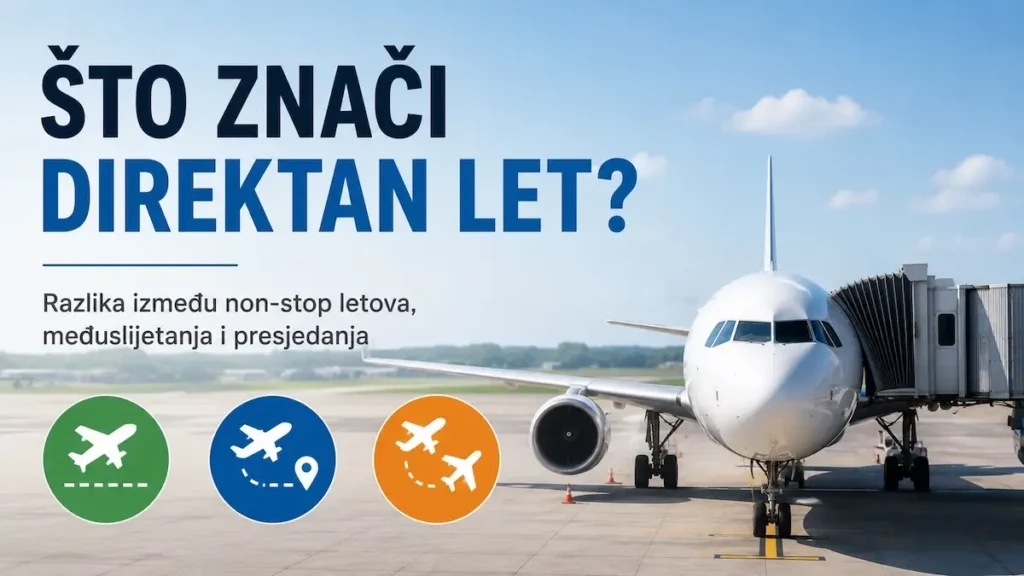 Što znači direktan let? Ilustracija razlike između non-stop leta, međuslijetanja i presjedanja.