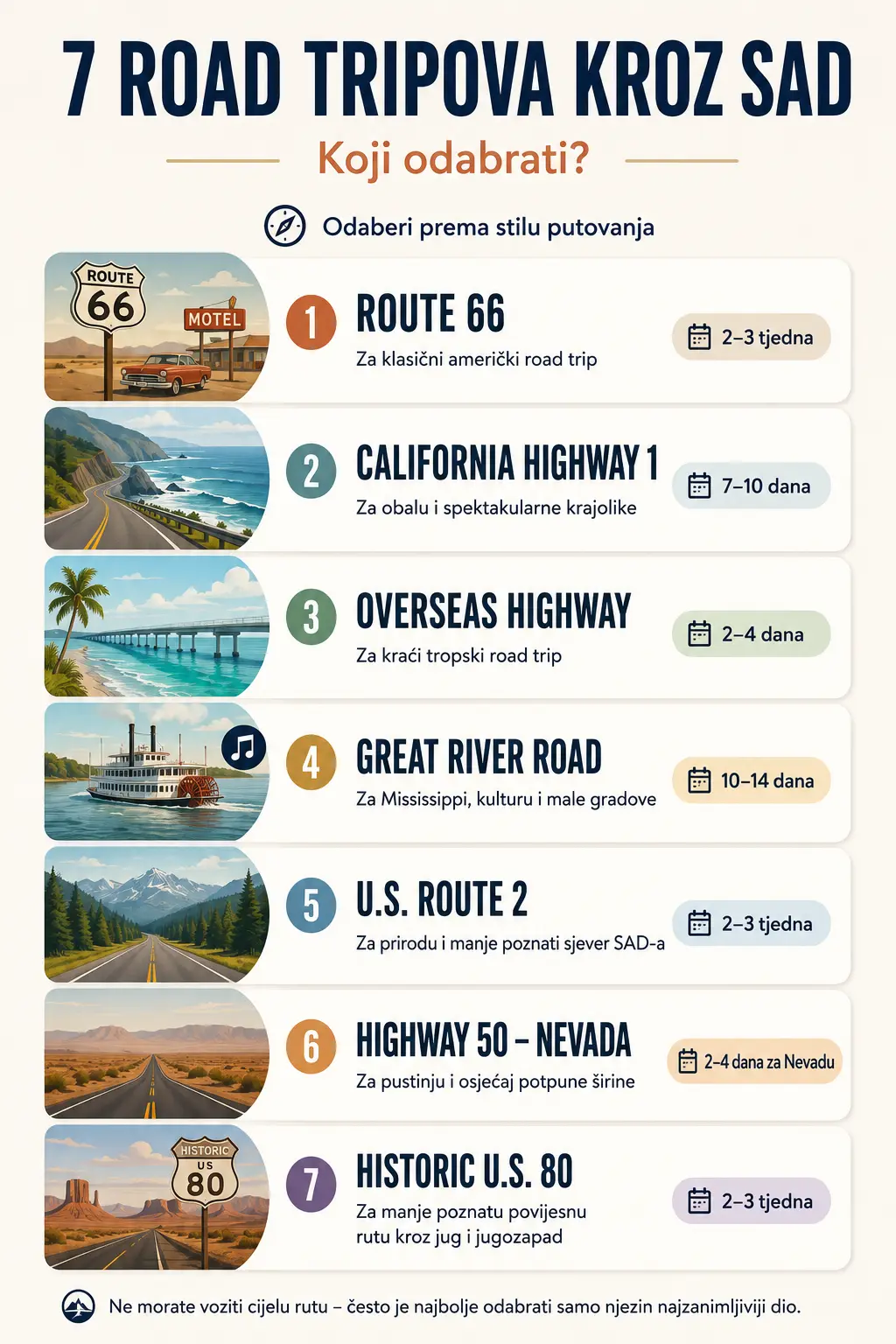 Najbolji road tripovi kroz SAD: 7 legendarnih ruta koje vrijedi staviti na bucket listu 11 Infografika s usporedbom 7 najboljih road tripova kroz SAD prema stilu putovanja i preporučenom trajanju