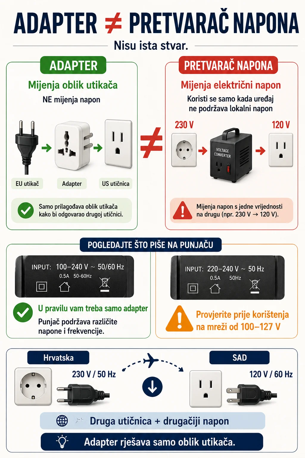 Utičnice u svijetu: koji adapter trebate za putovanje? Vodič po državama 3 Razlika između putnog adaptera i pretvarača napona te primjer oznake 100–240 V na punjaču
