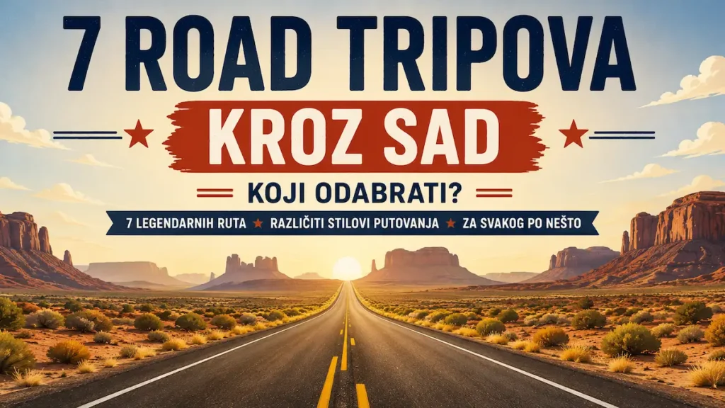 Najbolji road tripovi kroz SAD: 7 legendarnih ruta koje vrijedi staviti na bucket listu 17 Najbolji road tripovi kroz SAD – ilustracija otvorene američke ceste kroz pustinjski krajolik