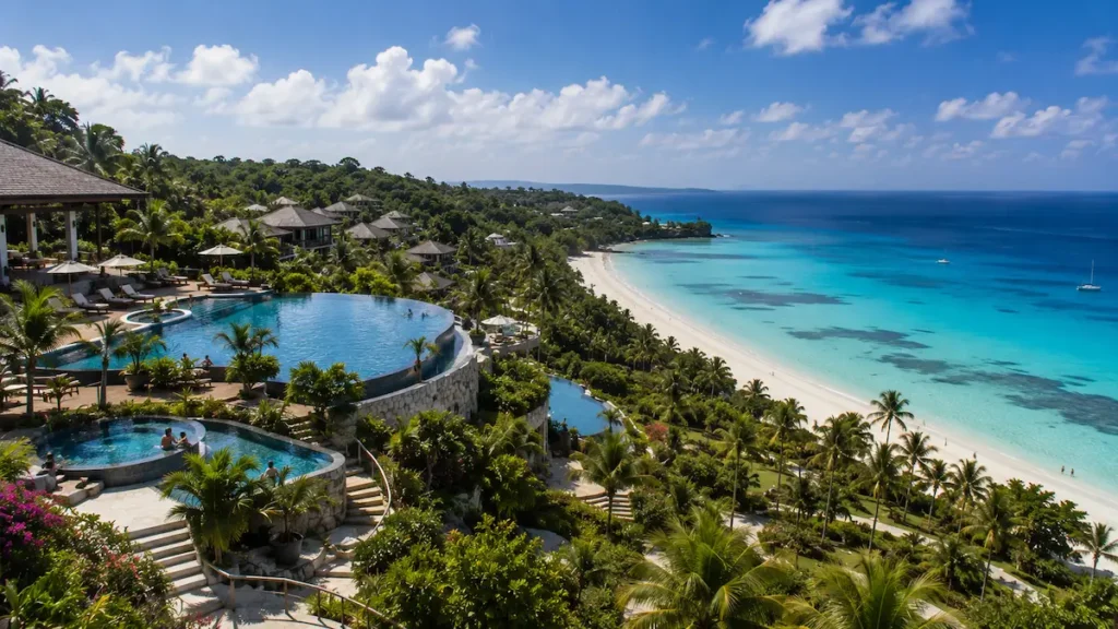 Tropski resort na Boracayu s bazenima, palmama i bijelom pješčanom plažom na Filipinima