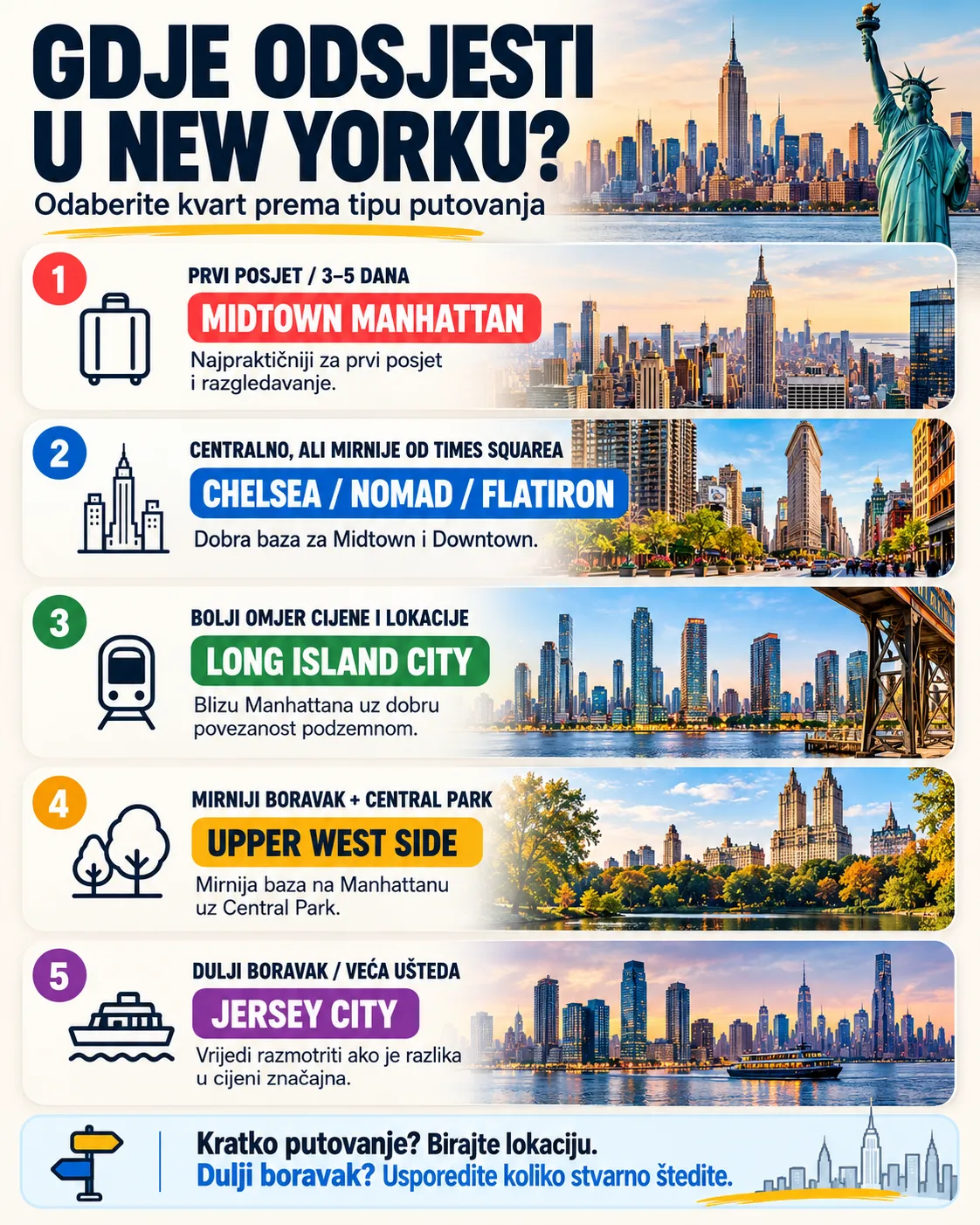 Gdje odsjesti u New Yorku? Najbolji kvartovi za prvi posjet 3 Gdje odsjesti u New Yorku prema tipu putovanja – Midtown, Chelsea, Long Island City, Upper West Side i Jersey City