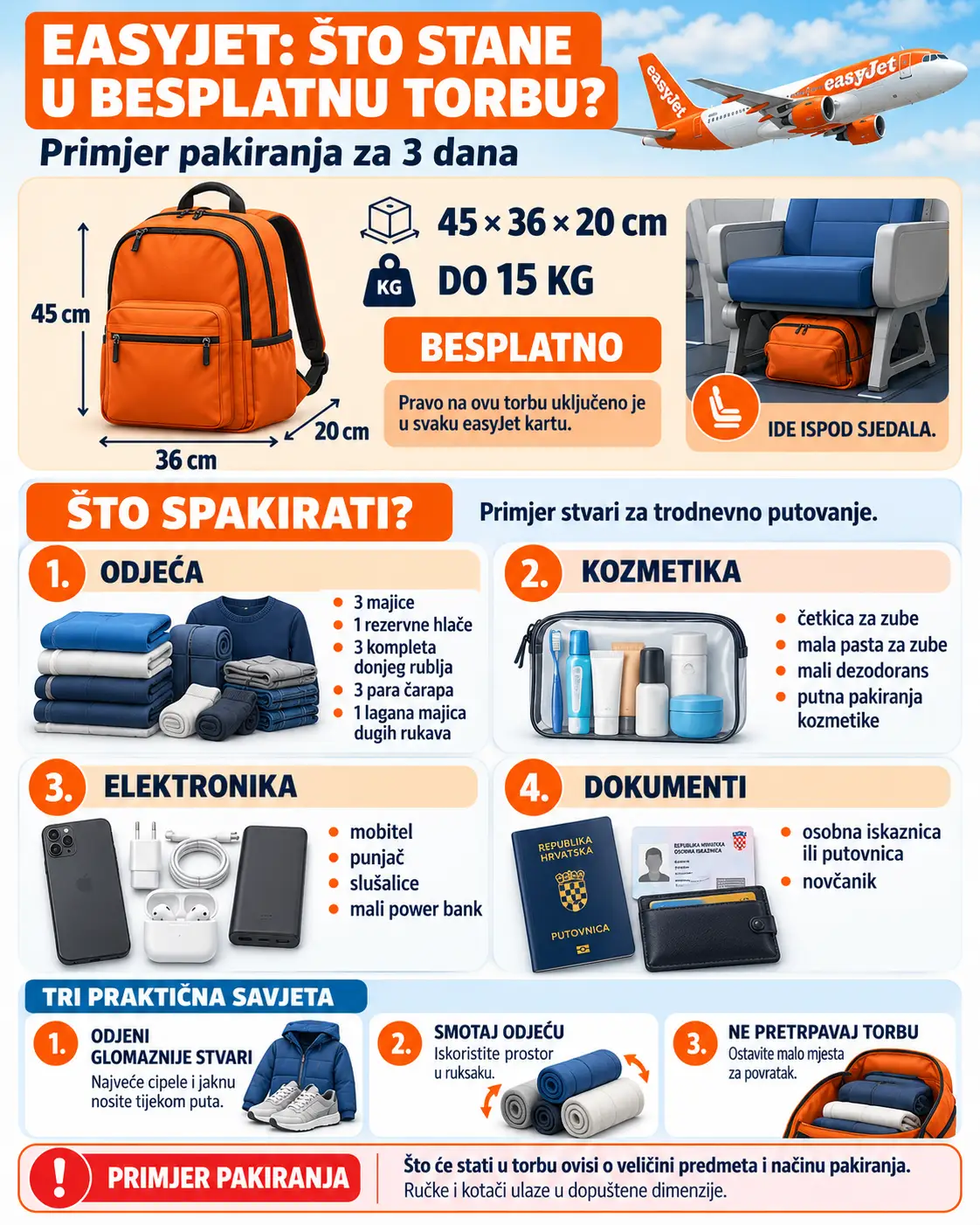 easyJet prtljaga: dimenzije, besplatna torba i pravila 4 easyJet besplatna torba – primjer pakiranja za tri dana u ruksak dimenzija 45 × 36 × 20 cm, s odjećom, kozmetikom, elektronikom i dokumentima
