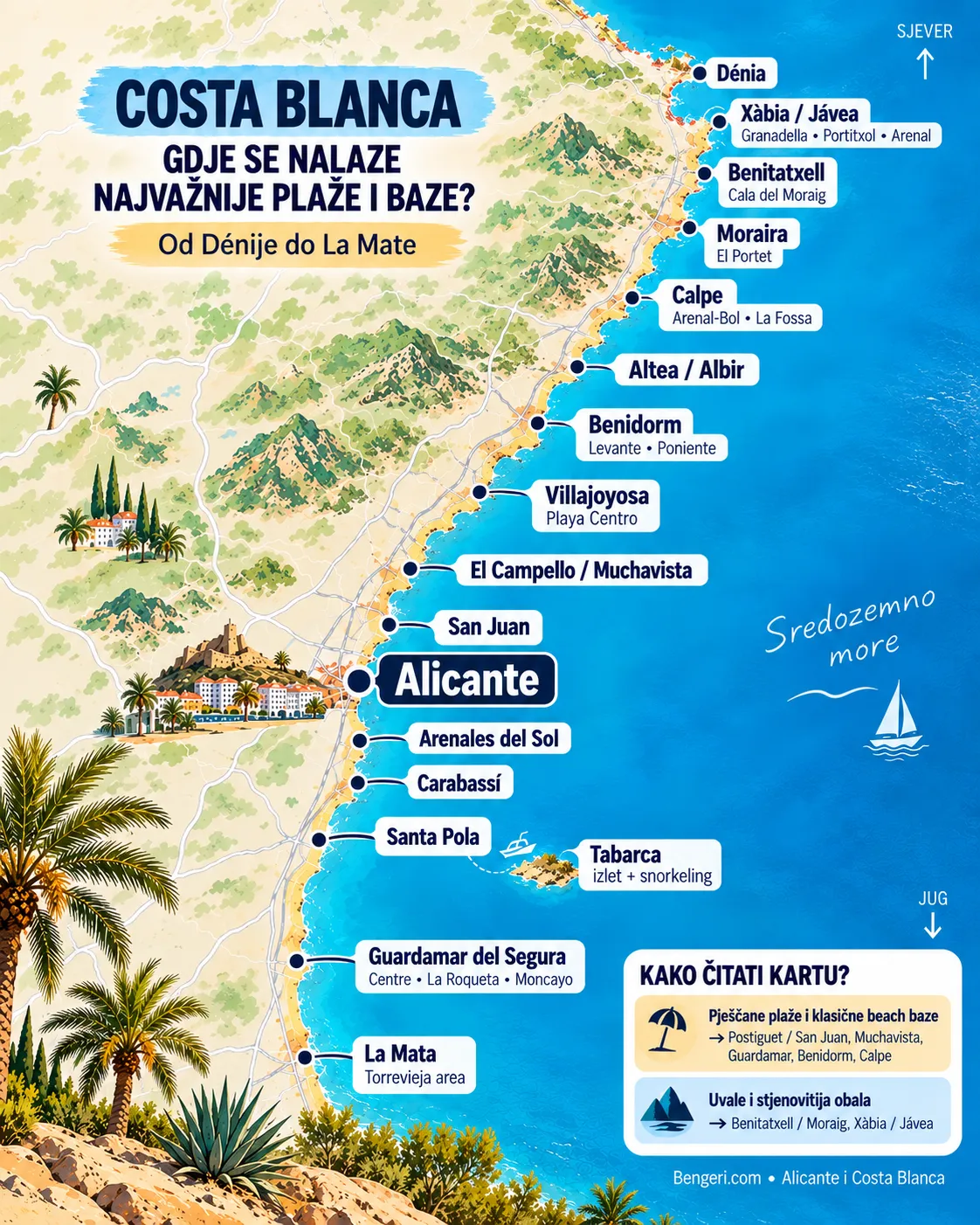 Karta Costa Blance s glavnim plažama i bazama od Dénije do La Mate