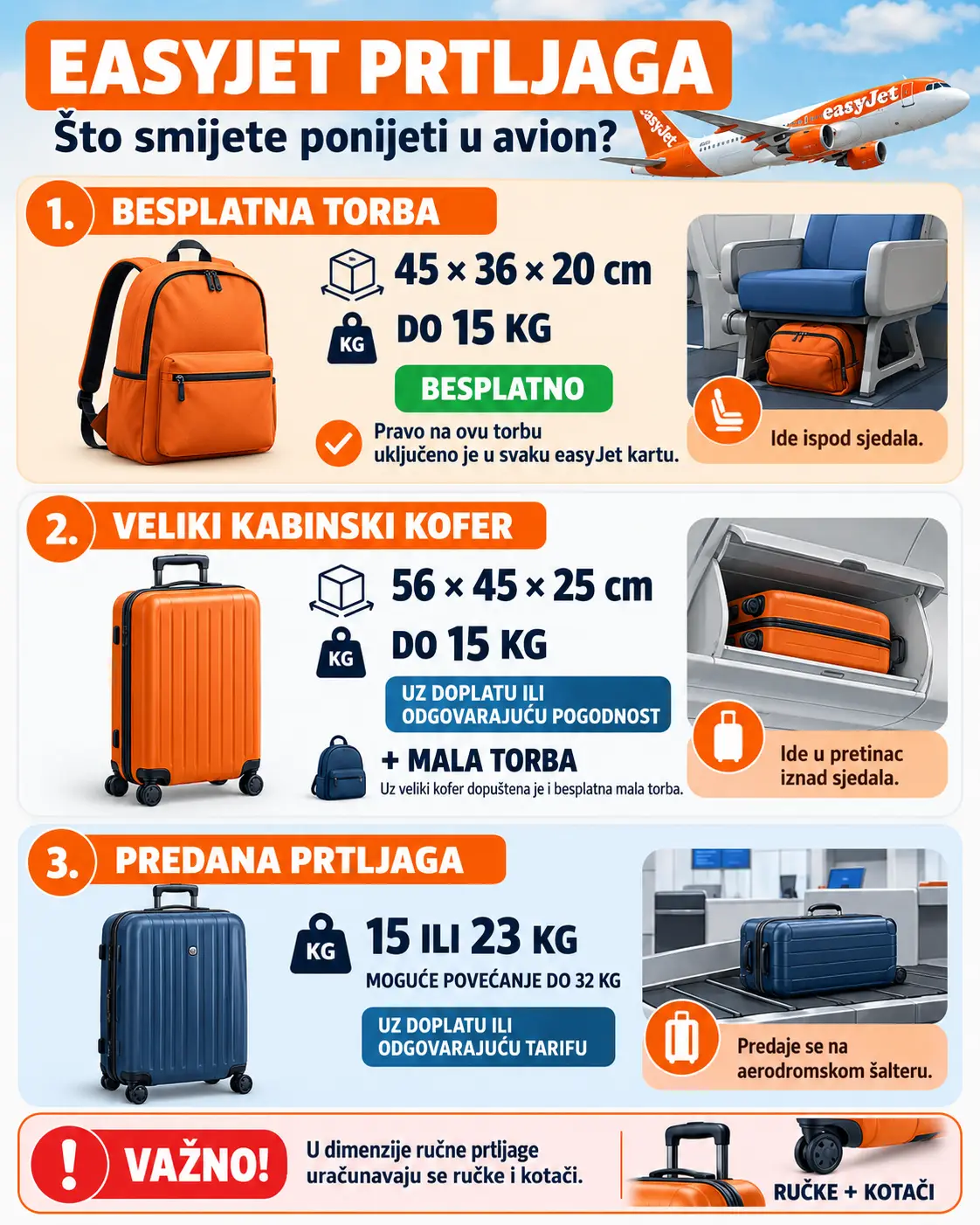 easyJet prtljaga: dimenzije, besplatna torba i pravila 3 Infografika easyJet prtljage: besplatna torba 45 × 36 × 20 cm, veliki kabinski kofer 56 × 45 × 25 cm i predana prtljaga do 32 kg