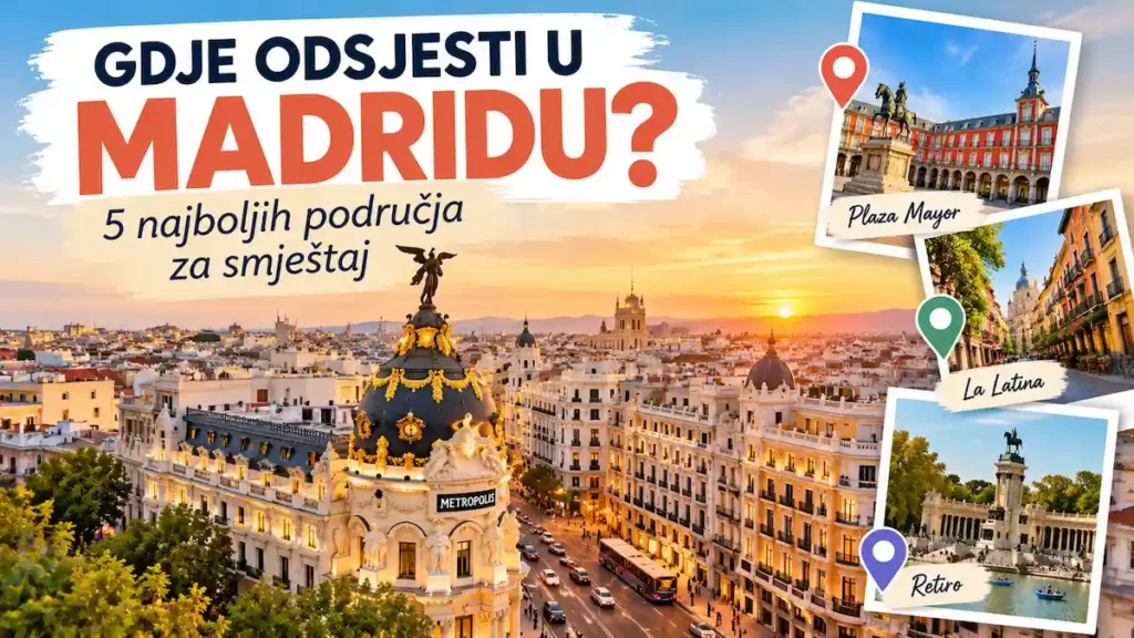 Gdje odsjesti u Madridu? Najbolji kvartovi i povoljan smještaj 1 Panorama Madrida s pogledom na Gran Víu i zgradu Metrópolis te naslovom Gdje odsjesti u Madridu