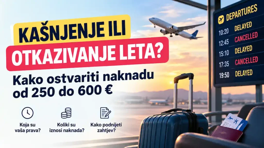 Kašnjenje ili otkazivanje leta: prava putnika i naknada do 600 € 1 Ilustracija kašnjenja i otkazivanja leta s prikazom moguće naknade od 250 do 600 eura