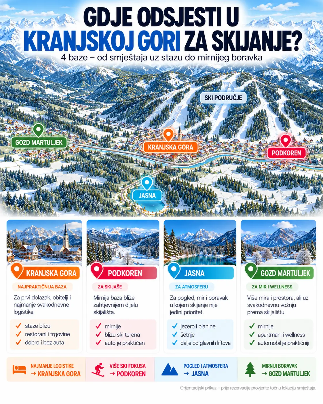 Karta gdje odsjesti u Kranjskoj Gori za skijanje