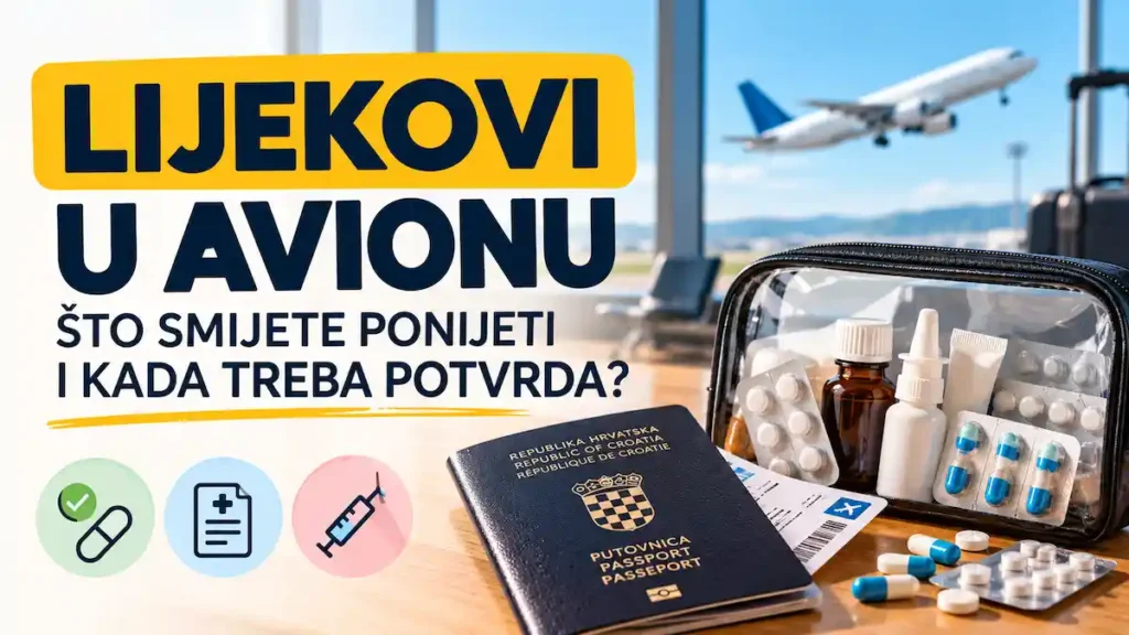 Lijekovi u avionu: što smijete ponijeti i kada treba potvrda? 1 Lijekovi u avionu – ilustracija tableta, sirupa i hrvatske putovnice uz pitanje kada je potrebna liječnička potvrda