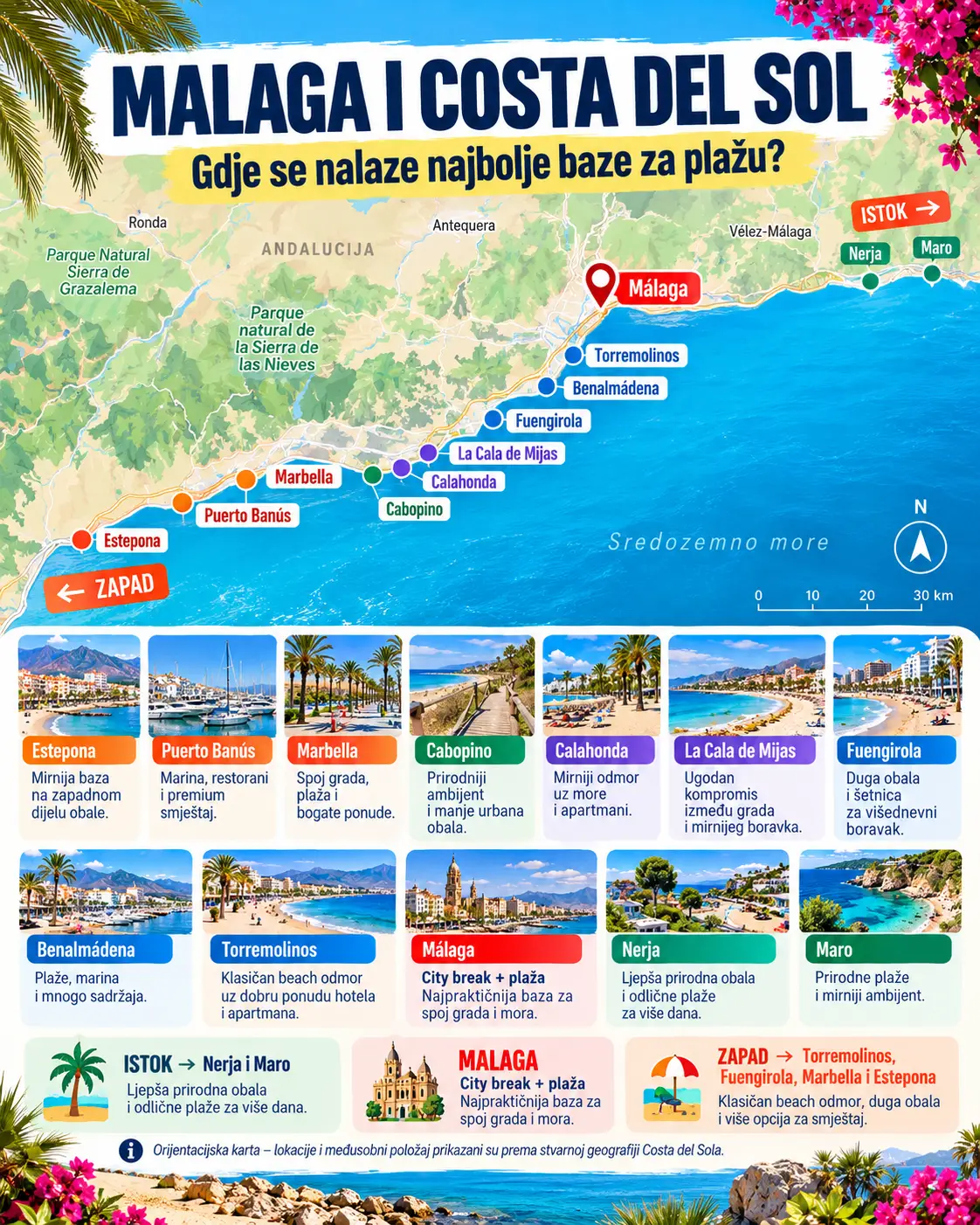 Najbolje plaže u Malagi i okolici: gdje se kupati na Costa del Sol 6 Karta Malage i Costa del Sola s označenim mjestima za plaže i smještaj
