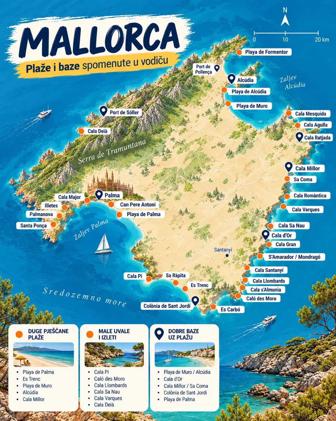 Karta Mallorce s glavnim plažama i bazama za ljetovanje