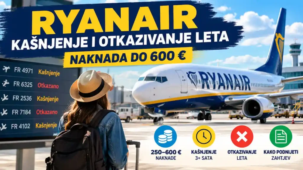 Ryanair: naknada za kašnjenje i otkazivanje leta – prava putnika 5 Ilustracija Ryanair zrakoplova i kašnjenja ili otkazivanja leta uz moguću naknadu do 600 eura