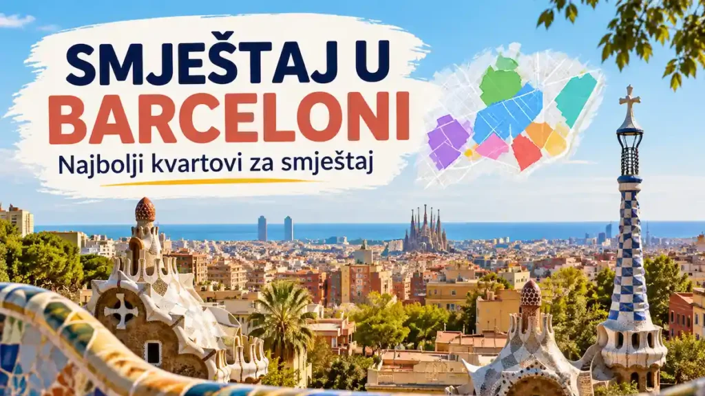 Smještaj u Barceloni: gdje odsjesti, najbolji kvartovi i hoteli 9 Ilustracija Barcelone s pogledom na grad i Sagradu Famíliu te naslovom Smještaj u Barceloni