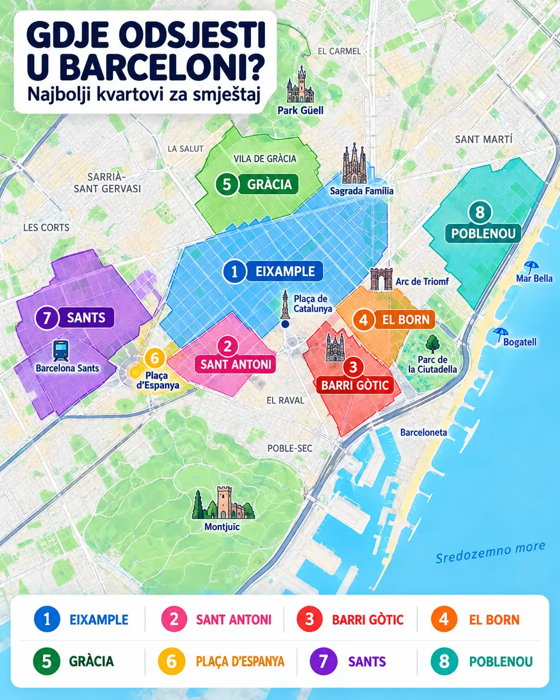 Smještaj u Barceloni: gdje odsjesti, najbolji kvartovi i hoteli 11 Karta Barcelone s označenim kvartovima za smještaj: Eixample, Sant Antoni, Barri Gòtic, El Born, Gràcia, Sants i Poblenou