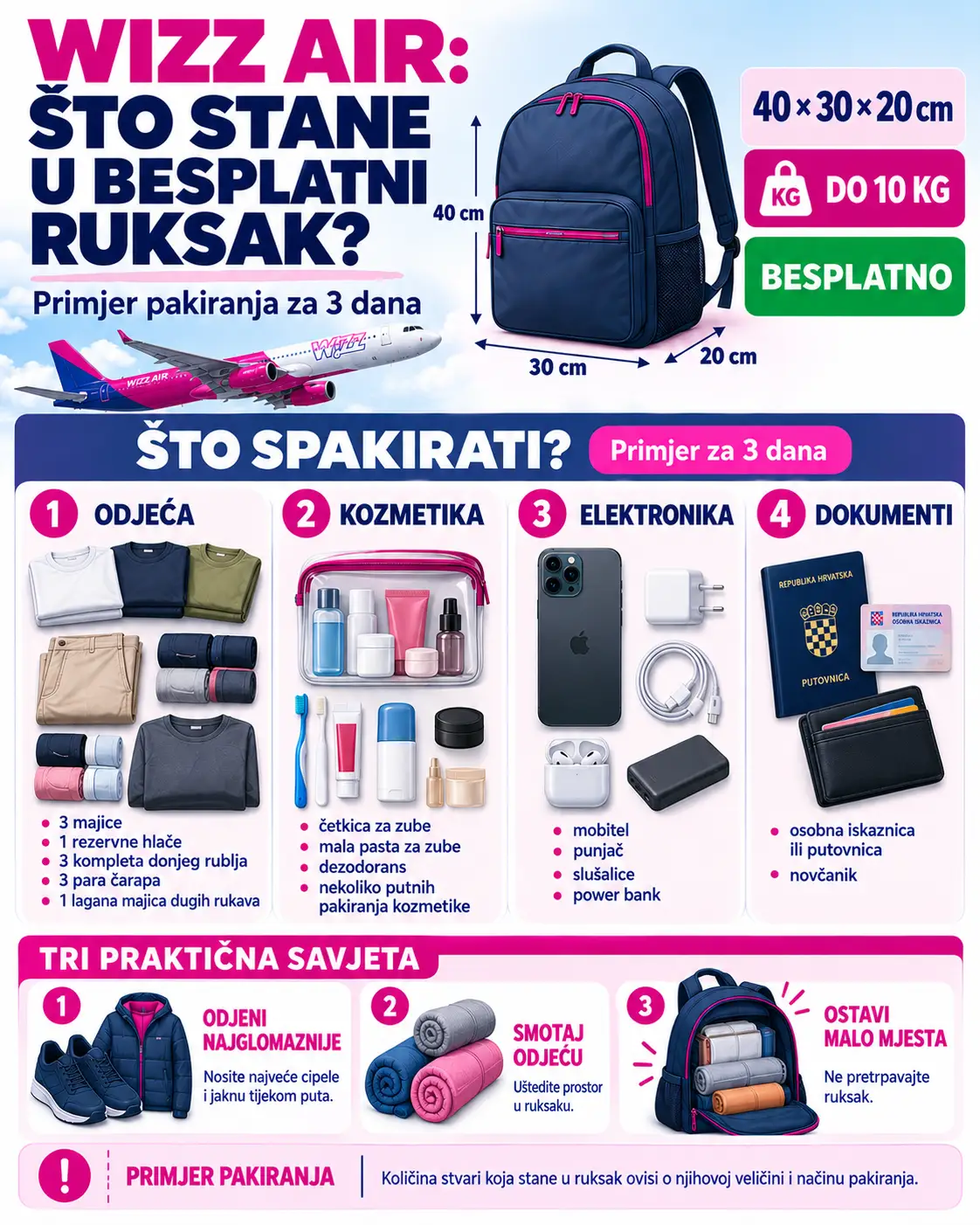 Wizz Air prtljaga: dimenzije, besplatna torba i WIZZ Priority 5 Wizz Air besplatna prtljaga – infografika s primjerom pakiranja odjeće, kozmetike i elektronike u ruksak dimenzija 40 × 30 × 20 cm