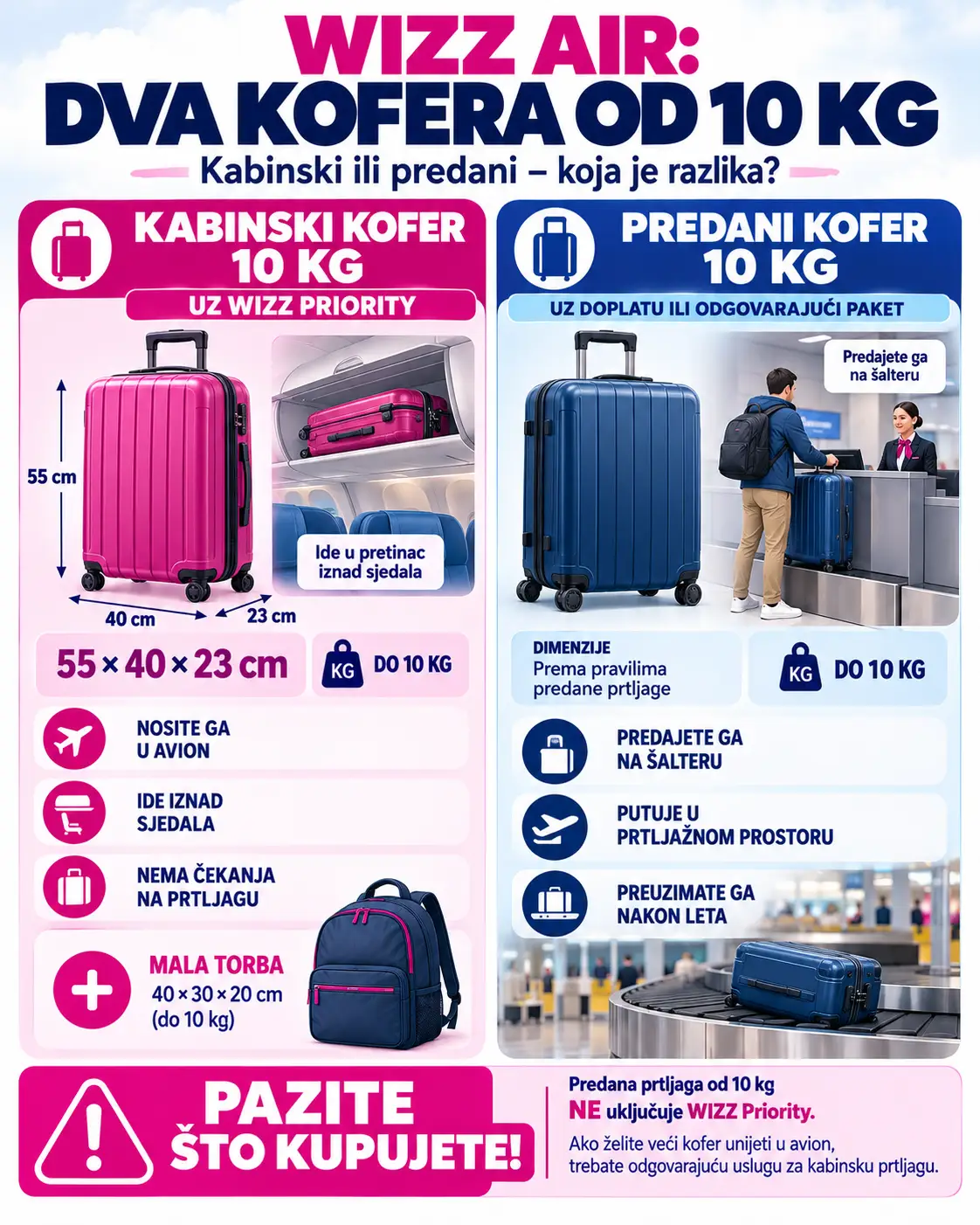 Wizz Air prtljaga: dimenzije, besplatna torba i WIZZ Priority 4 Wizz Air prtljaga 10 kg – usporedba kabinskog kofera uz WIZZ Priority i predane prtljage koja se ostavlja na šalteru