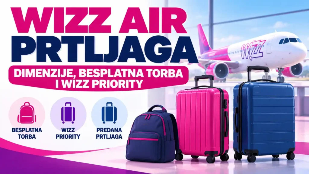Wizz Air prtljaga: dimenzije, besplatna torba i WIZZ Priority 5 Wizz Air prtljaga – naslovna ilustracija s besplatnim ruksakom, kabinskim koferom, predanom prtljagom i avionom