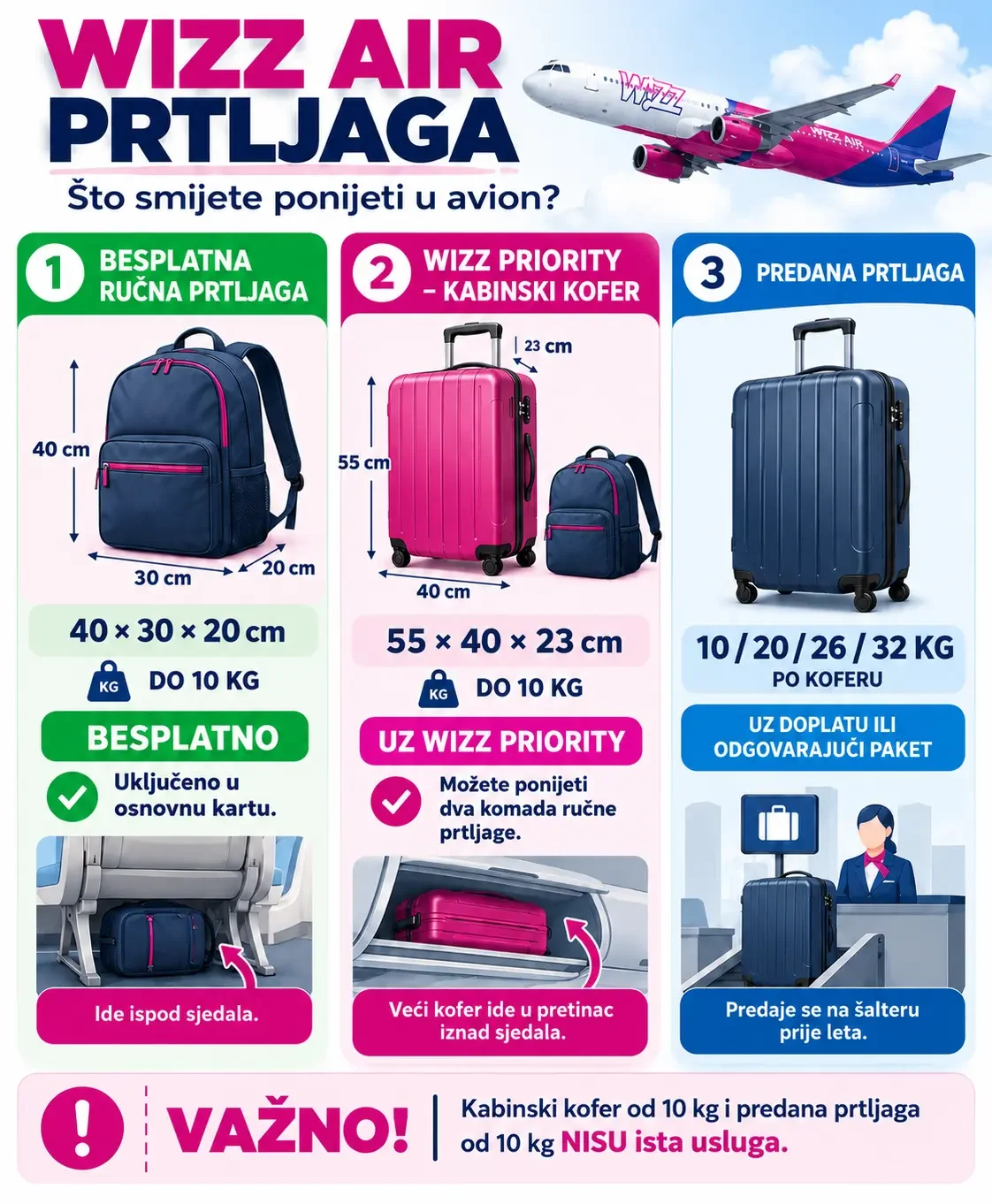 Wizz Air prtljaga: dimenzije, besplatna torba i WIZZ Priority 3 Wizz Air prtljaga – infografika s dimenzijama besplatne torbe 40 × 30 × 20 cm, WIZZ Priority kofera 55 × 40 × 23 cm i opcijama predane prtljage